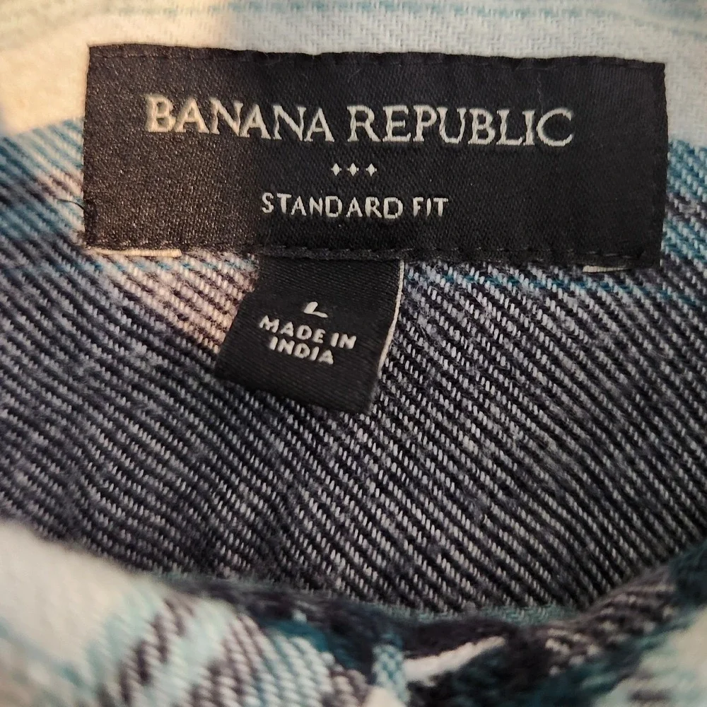 Banana Republic Mens Standard Fit Plaid Flannel Shirt Blue Black White Large